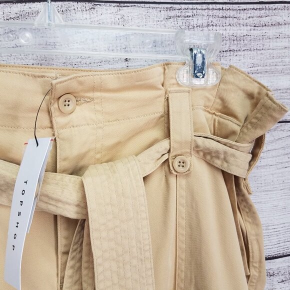 NEW TOPSHOP 12 Rory Paperbag Waist Utility Trousers Cuffed Crop Pants in Beige - Picture 8 of 13